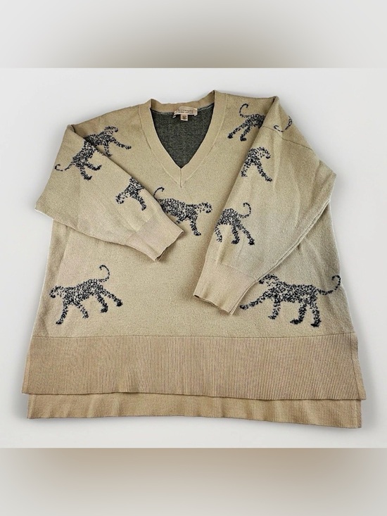 Philosophy Woman Republic Clothing Sweaters - Philosophy Woman Sweater 1X Beige Black Leopard V Neck Tunic Oversized Animal